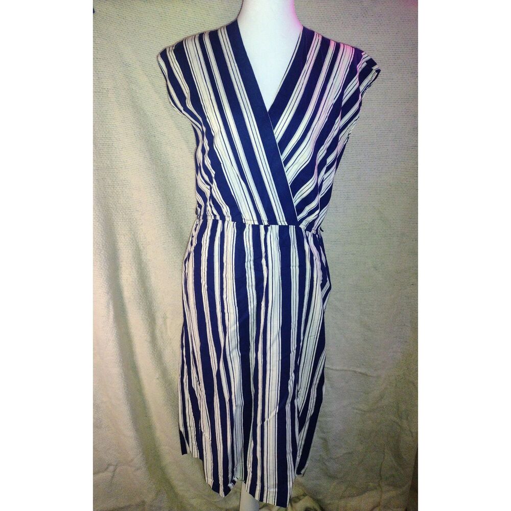 Vintage Striped Faux Wrap Dress Navy & White Coastal Preppy sz 12